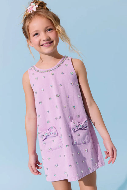 Lavender Crystal Heart Denim Bow Dress