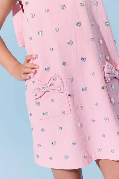 Pink Crystal Heart Denim Dress